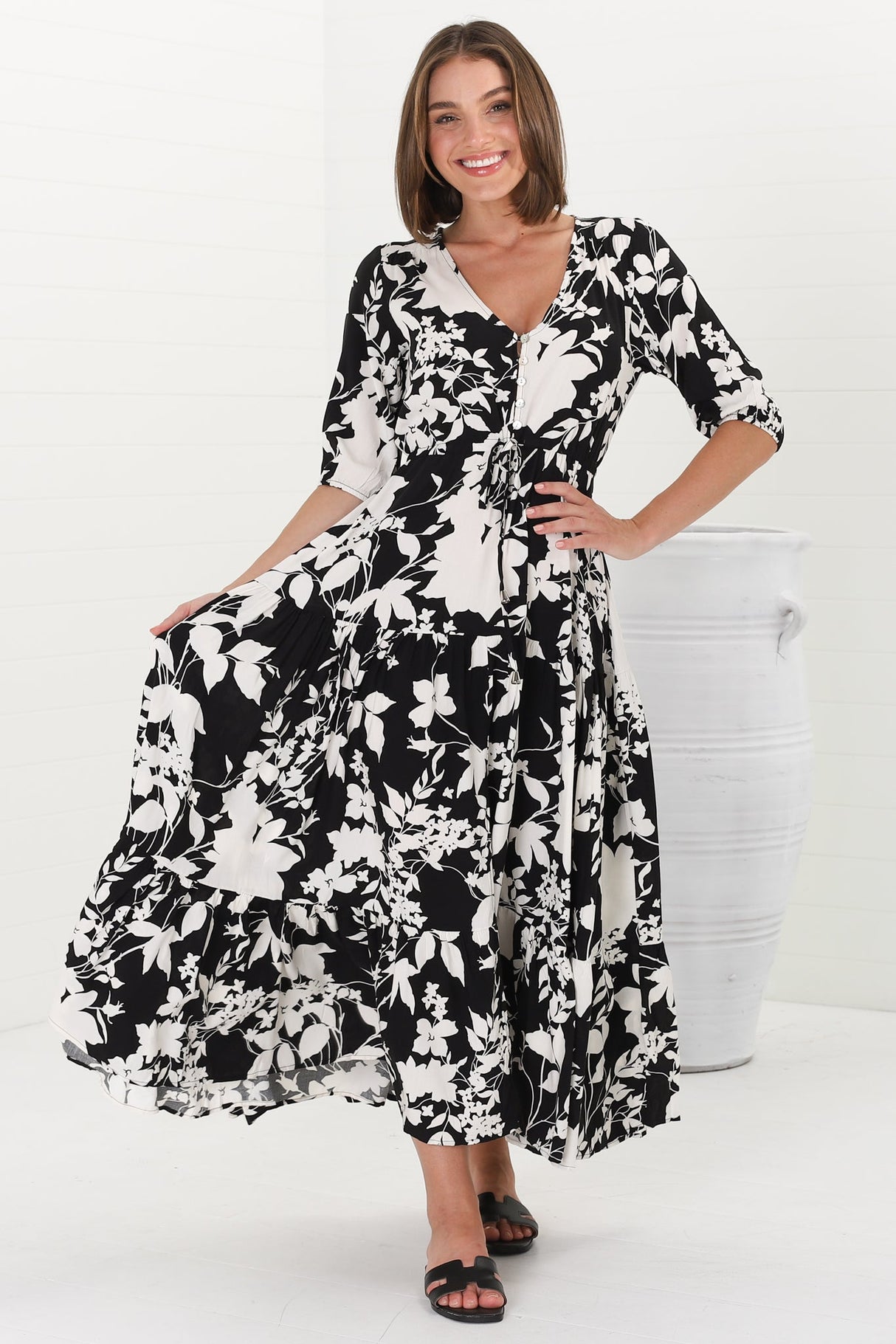 Rachel Maxi Dress - V-Neck 3/4 Sleeve Pull Tie Waist Tiered Dress in Kacia Print Black