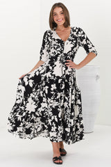 Rachel Maxi Dress - V-Neck 3/4 Sleeve Pull Tie Waist Tiered Dress in Kacia Print Black