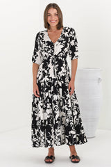 Rachel Maxi Dress - V-Neck 3/4 Sleeve Pull Tie Waist Tiered Dress in Kacia Print Black