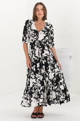 Rachel Maxi Dress - V-Neck 3/4 Sleeve Pull Tie Waist Tiered Dress in Kacia Print Black