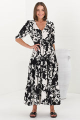 Rachel Maxi Dress - V-Neck 3/4 Sleeve Pull Tie Waist Tiered Dress in Kacia Print Black