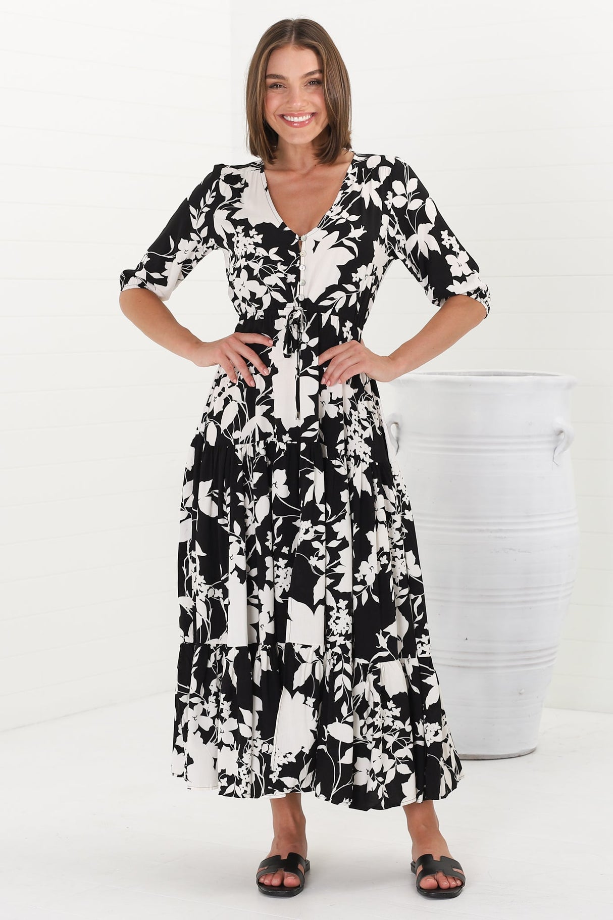 Rachel Maxi Dress - V-Neck 3/4 Sleeve Pull Tie Waist Tiered Dress in Kacia Print Black