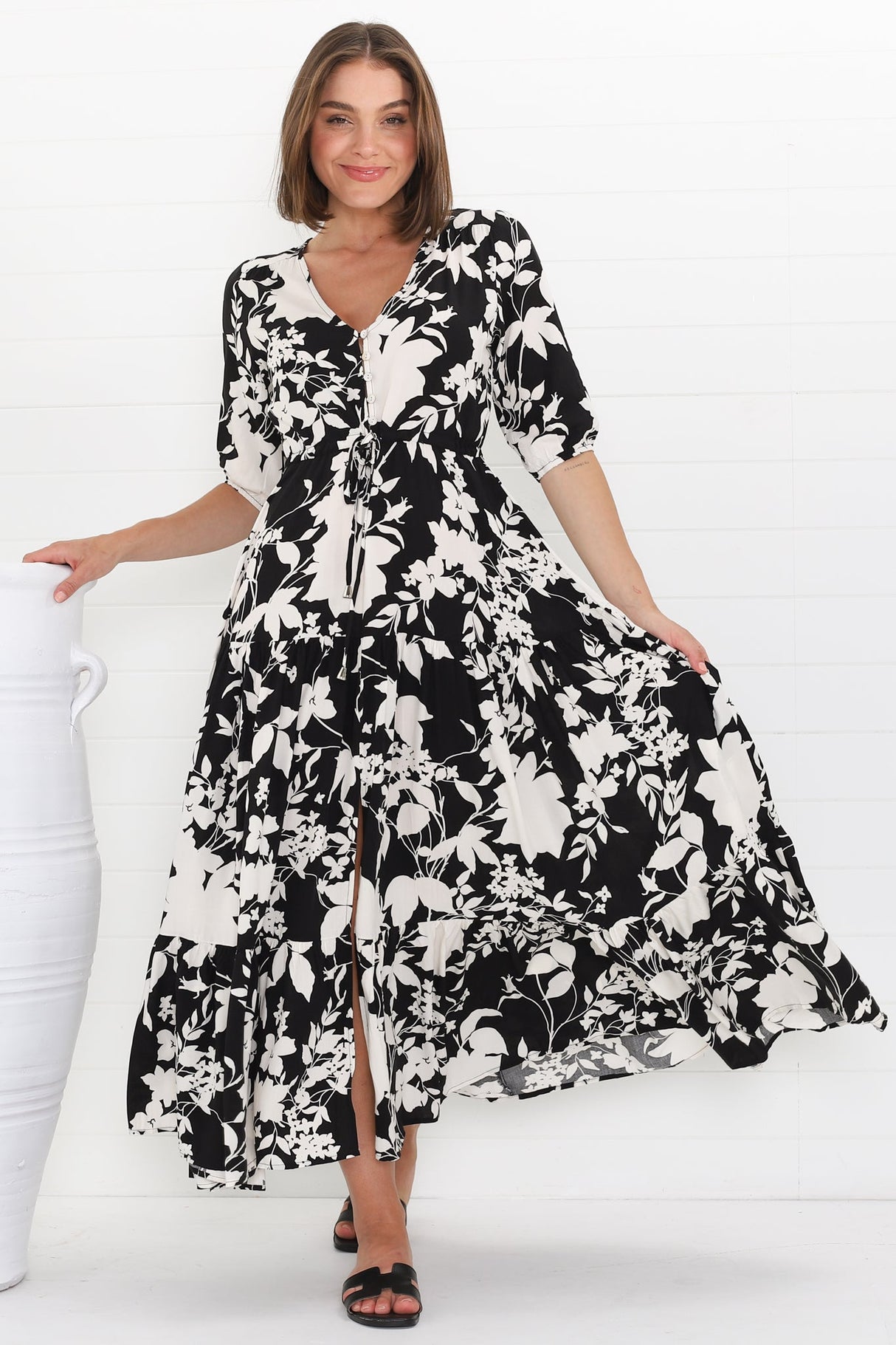 Rachel Maxi Dress - V-Neck 3/4 Sleeve Pull Tie Waist Tiered Dress in Kacia Print Black