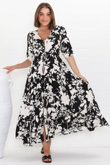 Rachel Maxi Dress - V-Neck 3/4 Sleeve Pull Tie Waist Tiered Dress in Kacia Print Black