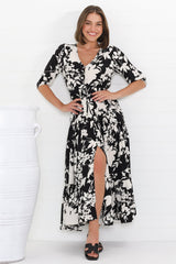 Rachel Maxi Dress - V-Neck 3/4 Sleeve Pull Tie Waist Tiered Dress in Kacia Print Black