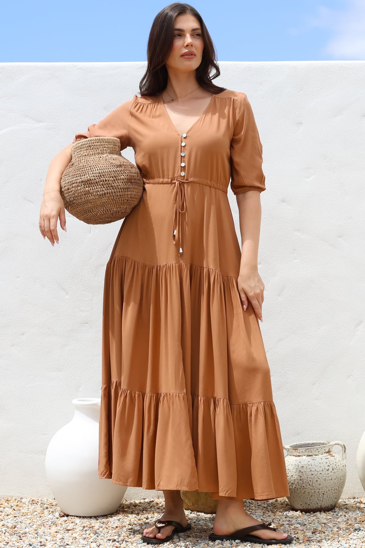 Rachel Maxi Dress - V-Neck 3/4 Sleeve Pull Tie Waist Tiered Dress in Tan