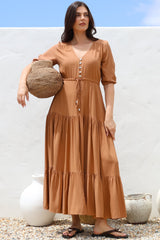 Rachel Maxi Dress - V-Neck 3/4 Sleeve Pull Tie Waist Tiered Dress in Tan