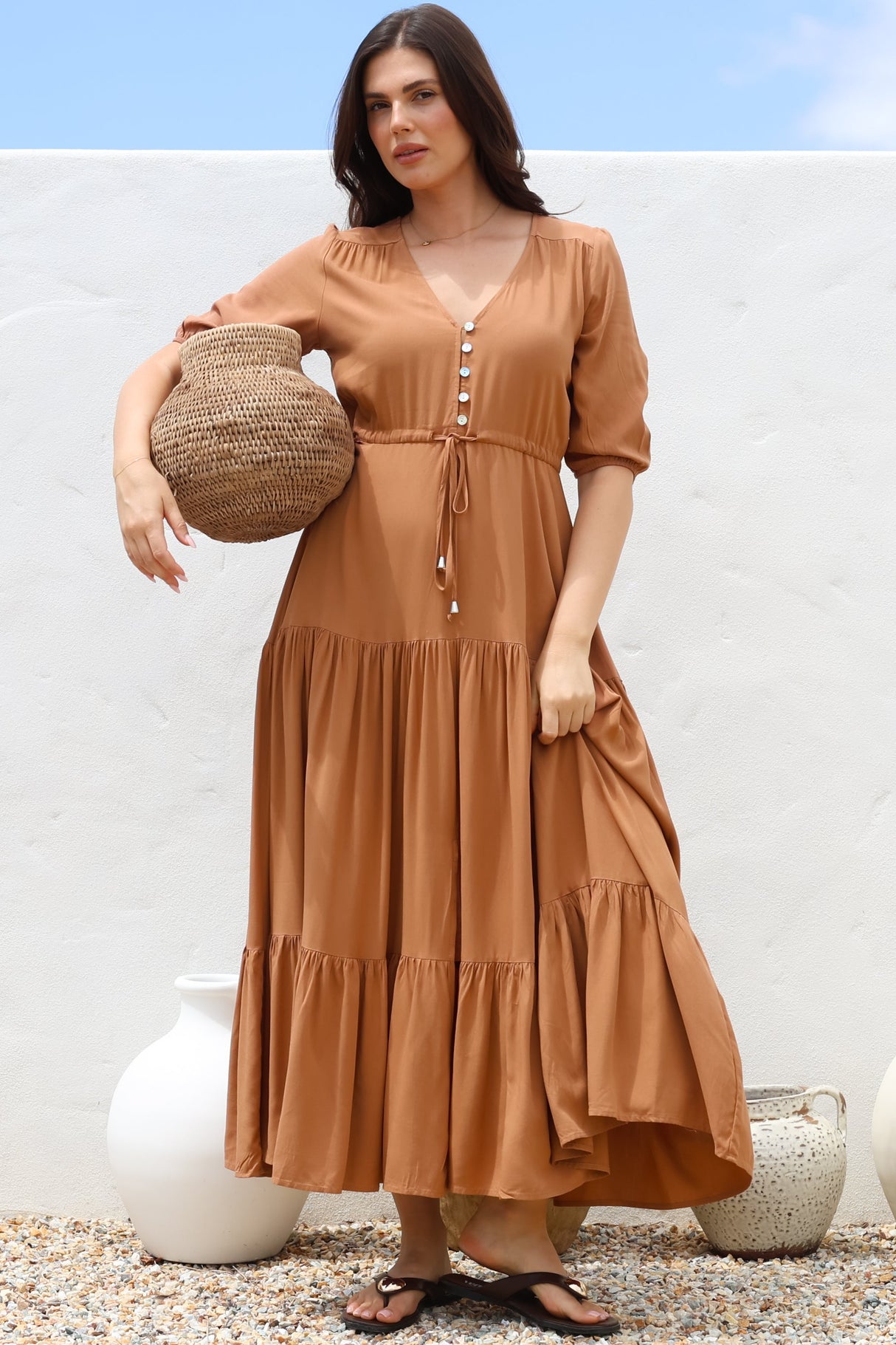 Rachel Maxi Dress - V-Neck 3/4 Sleeve Pull Tie Waist Tiered Dress in Tan