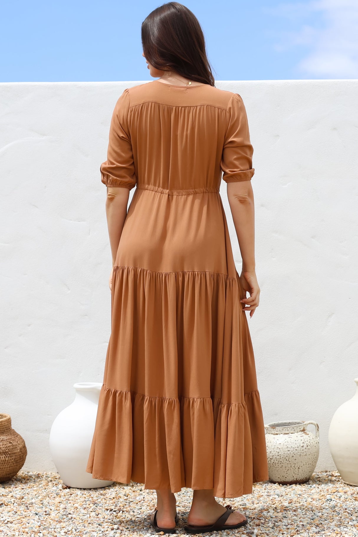 Rachel Maxi Dress - V-Neck 3/4 Sleeve Pull Tie Waist Tiered Dress in Tan