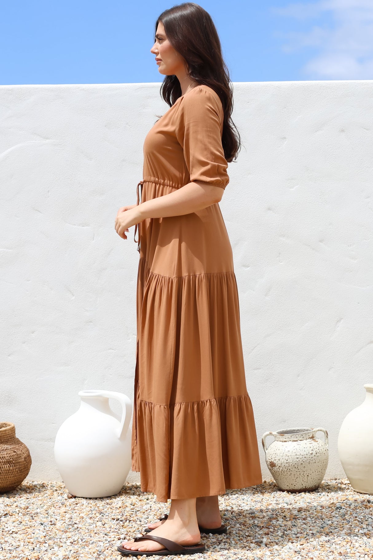 Rachel Maxi Dress - V-Neck 3/4 Sleeve Pull Tie Waist Tiered Dress in Tan