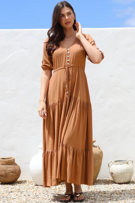 Rachel Maxi Dress - V-Neck 3/4 Sleeve Pull Tie Waist Tiered Dress in Tan