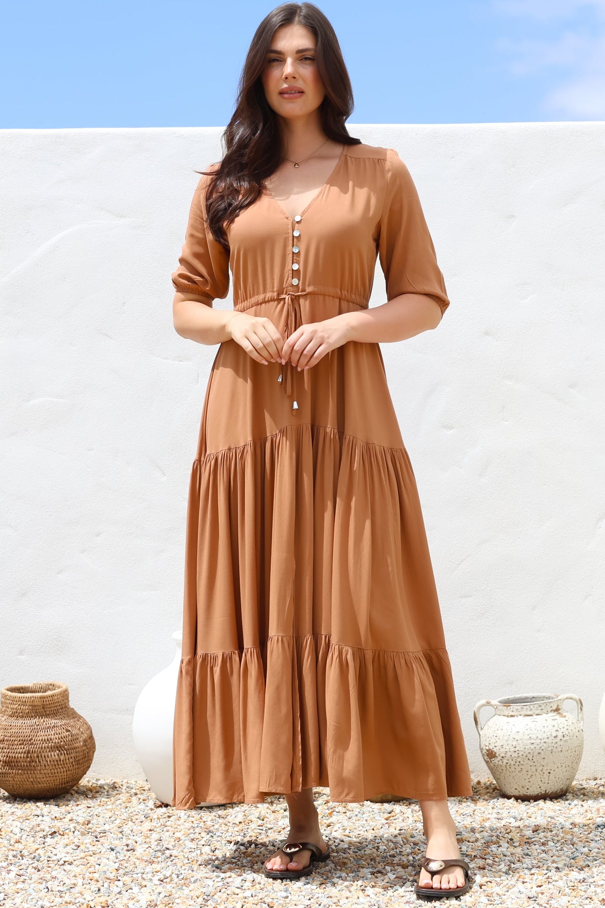 Rachel Maxi Dress - V-Neck 3/4 Sleeve Pull Tie Waist Tiered Dress in Tan