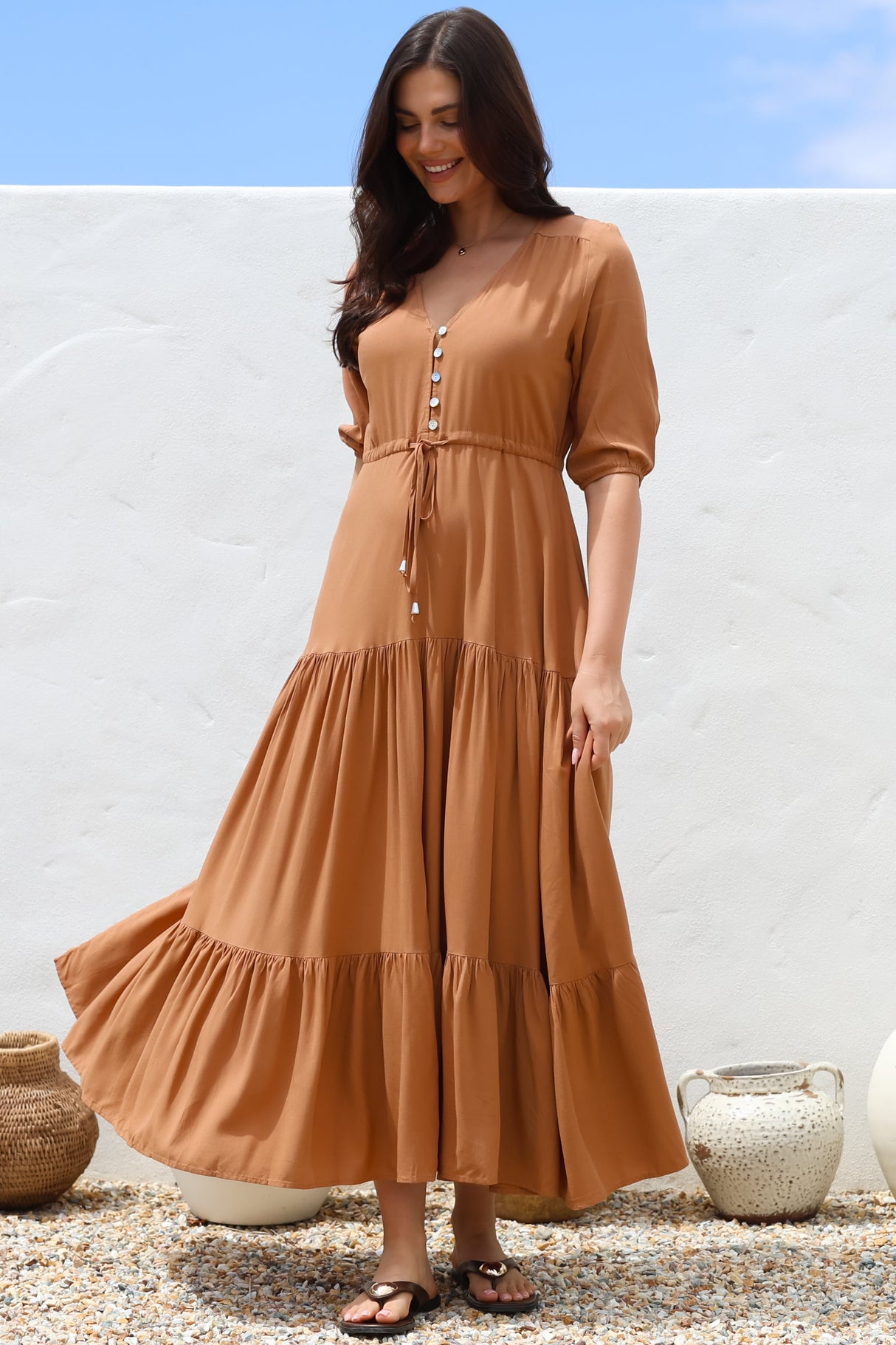 Rachel Maxi Dress - V-Neck 3/4 Sleeve Pull Tie Waist Tiered Dress in Tan