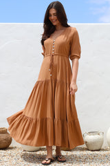 Rachel Maxi Dress - V-Neck 3/4 Sleeve Pull Tie Waist Tiered Dress in Tan