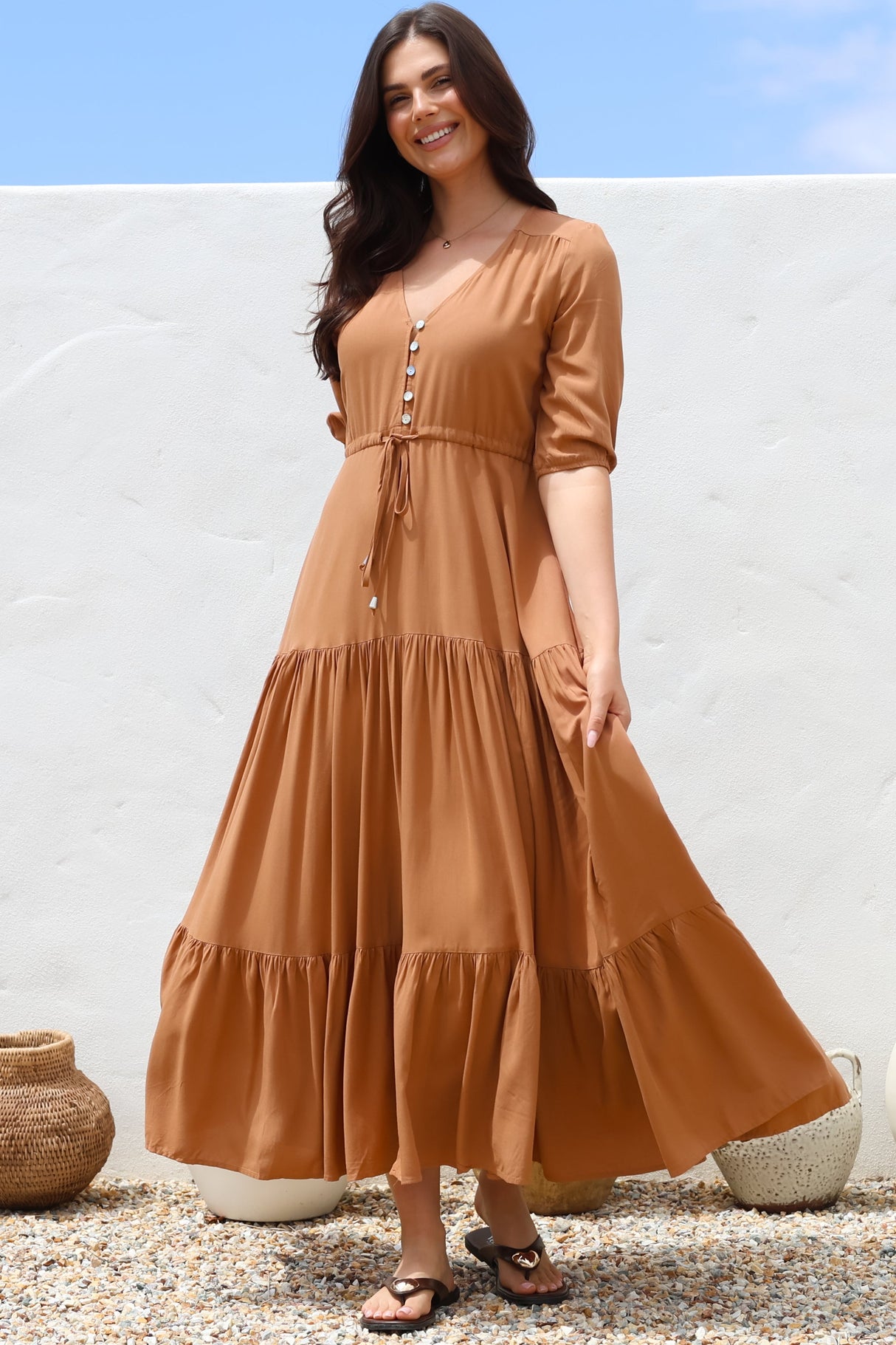 Rachel Maxi Dress - V-Neck 3/4 Sleeve Pull Tie Waist Tiered Dress in Tan