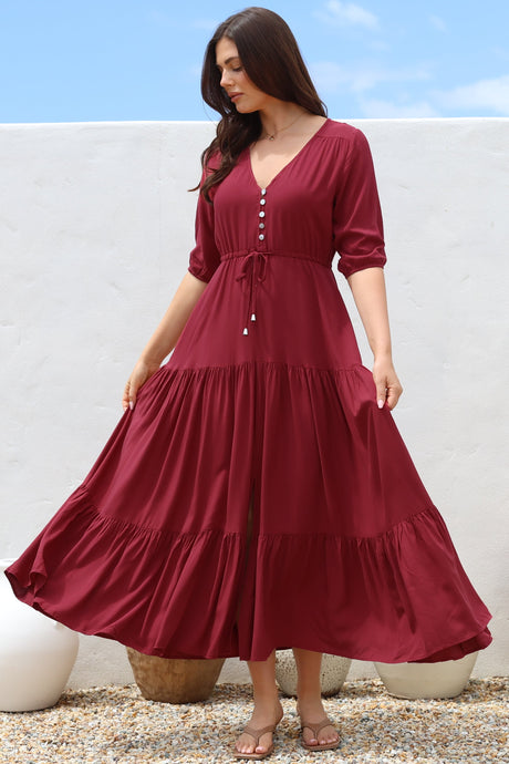 Rachel Maxi Dress - V-Neck 3/4 Sleeve Pull Tie Waist Tiered Dress in Wine