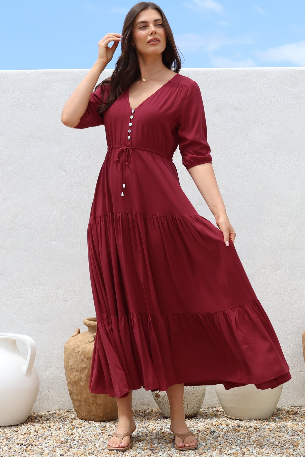 Rachel Maxi Dress - V-Neck 3/4 Sleeve Pull Tie Waist Tiered Dress in Wine