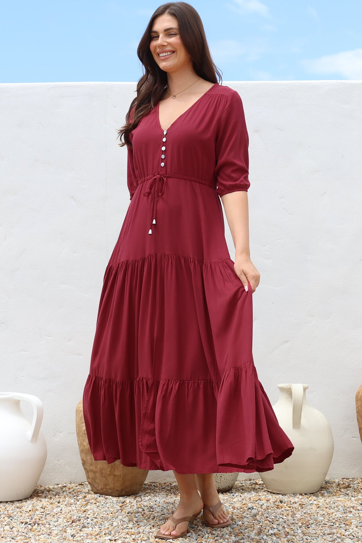 Rachel Maxi Dress - V-Neck 3/4 Sleeve Pull Tie Waist Tiered Dress in Wine