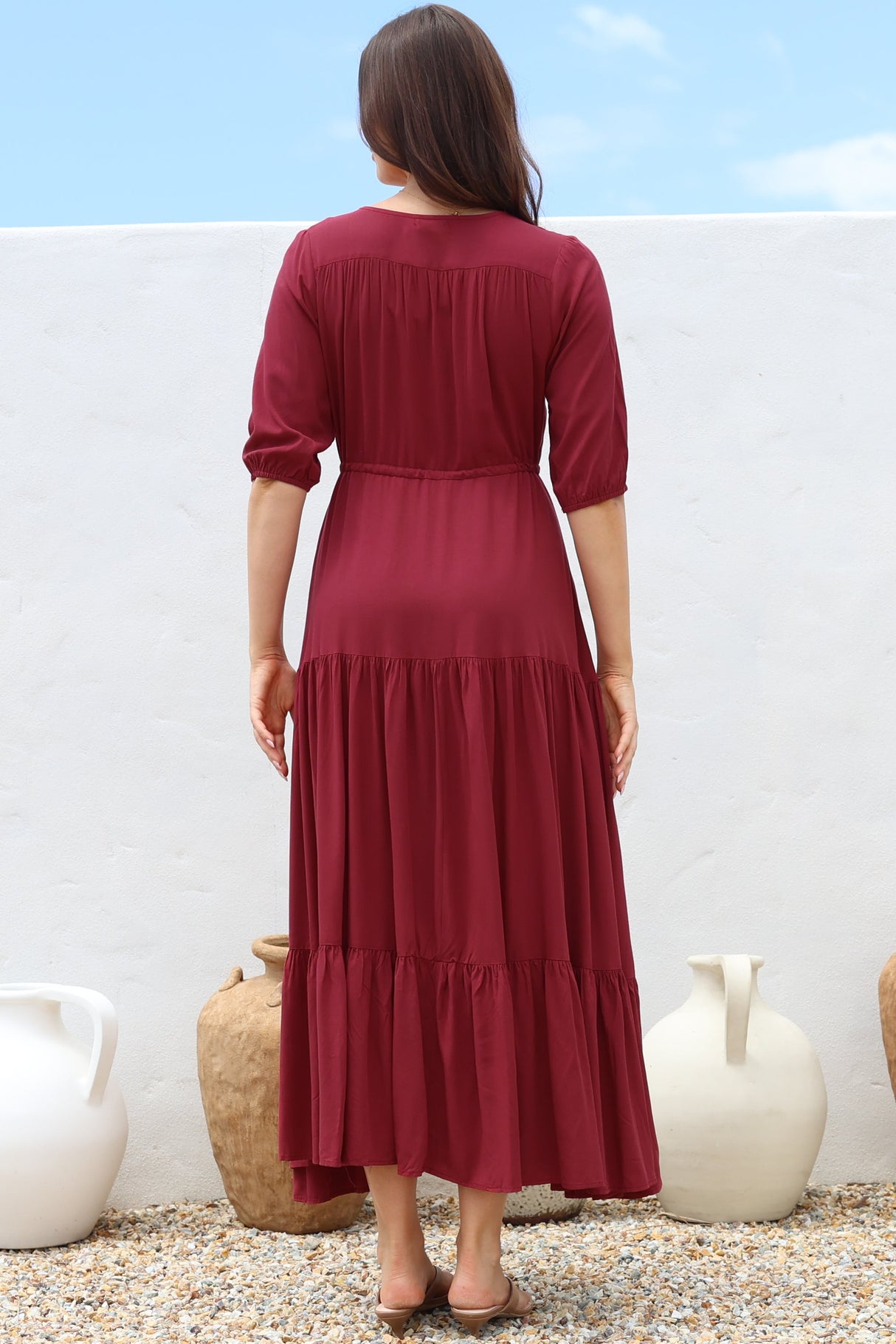 Rachel Maxi Dress - V-Neck 3/4 Sleeve Pull Tie Waist Tiered Dress in Wine