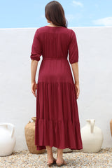 Rachel Maxi Dress - V-Neck 3/4 Sleeve Pull Tie Waist Tiered Dress in Wine