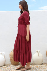Rachel Maxi Dress - V-Neck 3/4 Sleeve Pull Tie Waist Tiered Dress in Wine