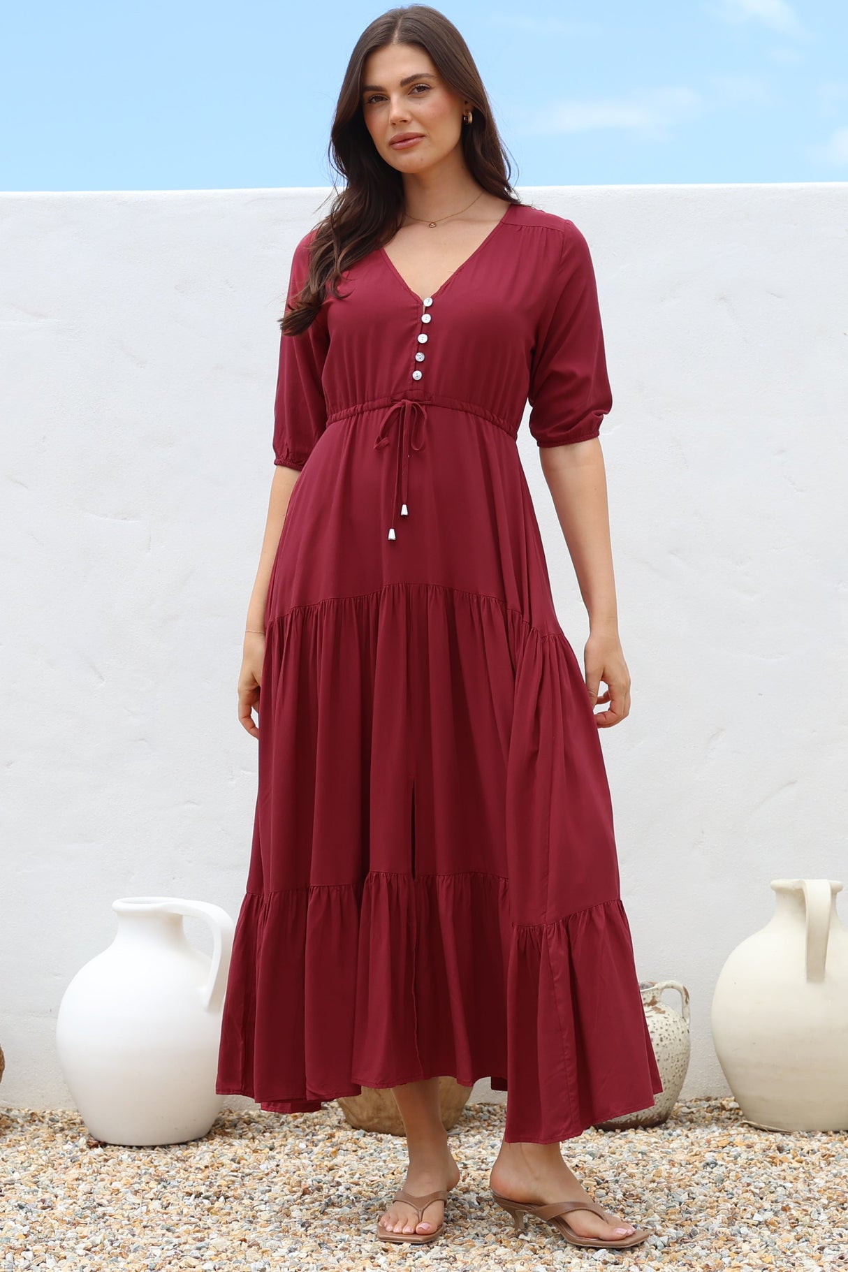 Rachel Maxi Dress - V-Neck 3/4 Sleeve Pull Tie Waist Tiered Dress in Wine