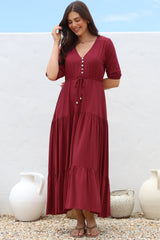 Rachel Maxi Dress - V-Neck 3/4 Sleeve Pull Tie Waist Tiered Dress in Wine