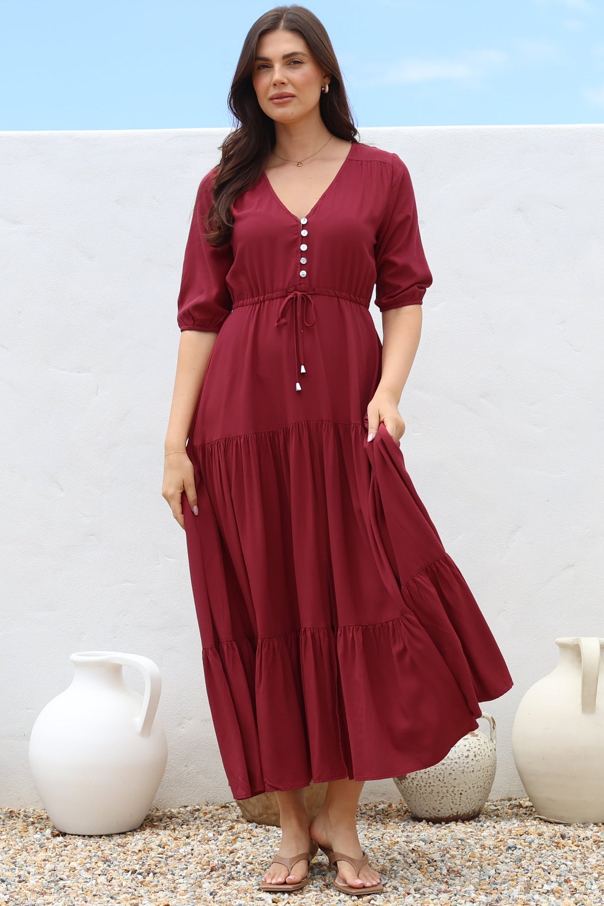 Rachel Maxi Dress - V-Neck 3/4 Sleeve Pull Tie Waist Tiered Dress in Wine