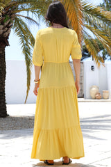 Rachel Maxi Dress - V-Neck 3/4 Sleeve Pull Tie Waist Tiered Dress in Lemon