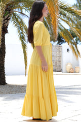 Rachel Maxi Dress - V-Neck 3/4 Sleeve Pull Tie Waist Tiered Dress in Lemon