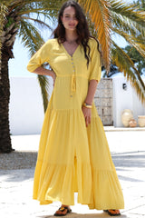 Rachel Maxi Dress - V-Neck 3/4 Sleeve Pull Tie Waist Tiered Dress in Lemon