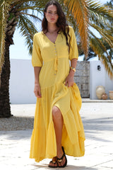 Rachel Maxi Dress - V-Neck 3/4 Sleeve Pull Tie Waist Tiered Dress in Lemon