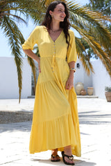 Rachel Maxi Dress - V-Neck 3/4 Sleeve Pull Tie Waist Tiered Dress in Lemon