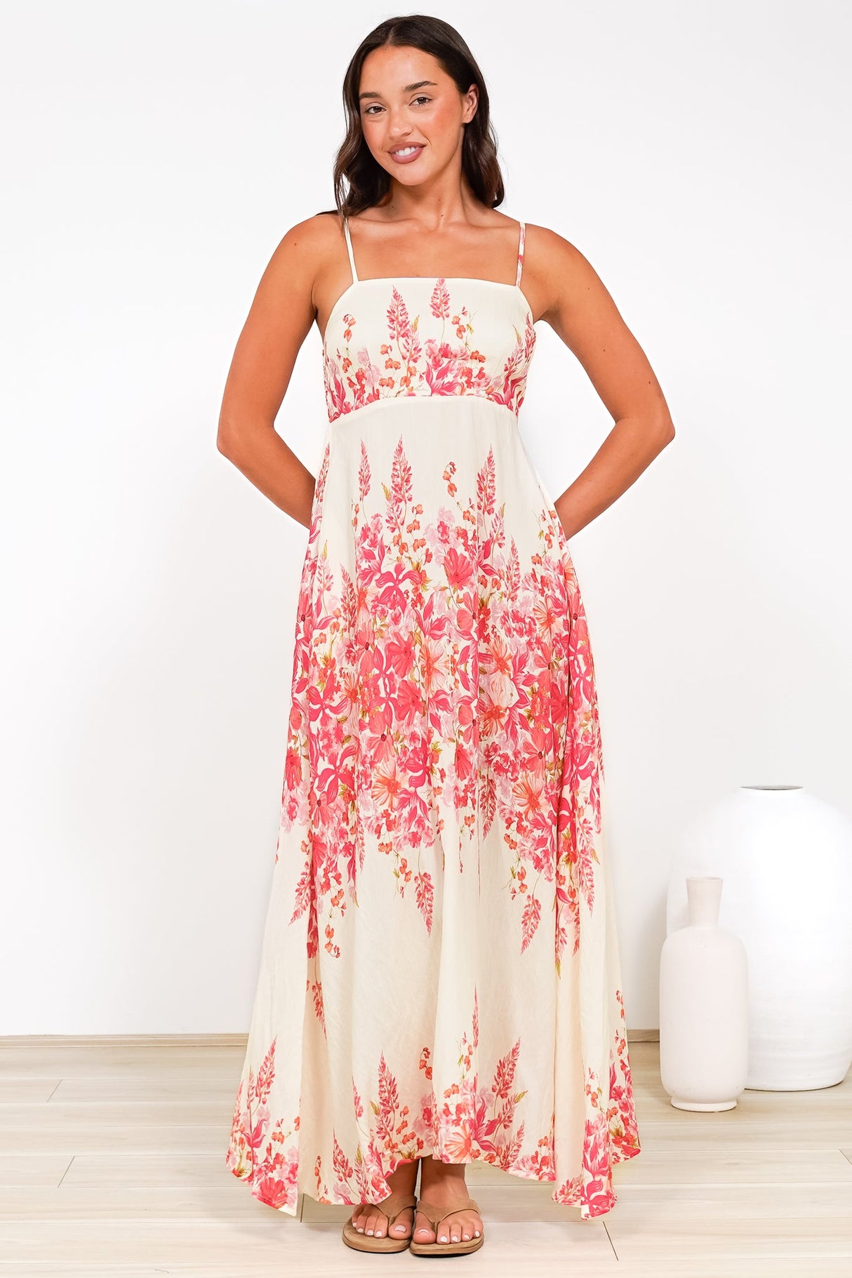 Radley Maxi Dress - Empire Line Sun Dress with Adjustable Straps in Blanche Print