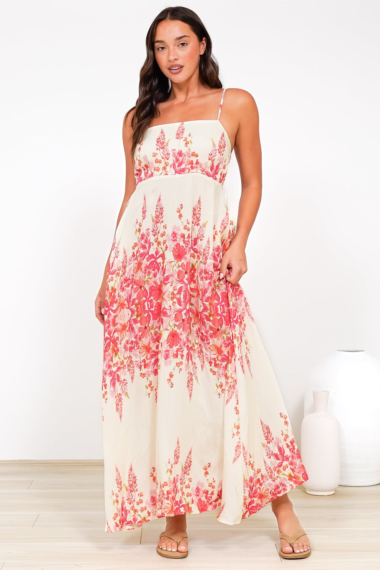 Radley Maxi Dress - Empire Line Sun Dress with Adjustable Straps in Blanche Print