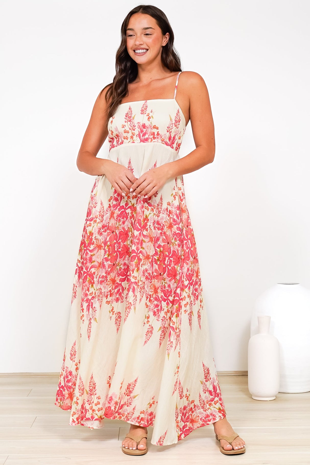 Radley Maxi Dress - Empire Line Sun Dress with Adjustable Straps in Blanche Print