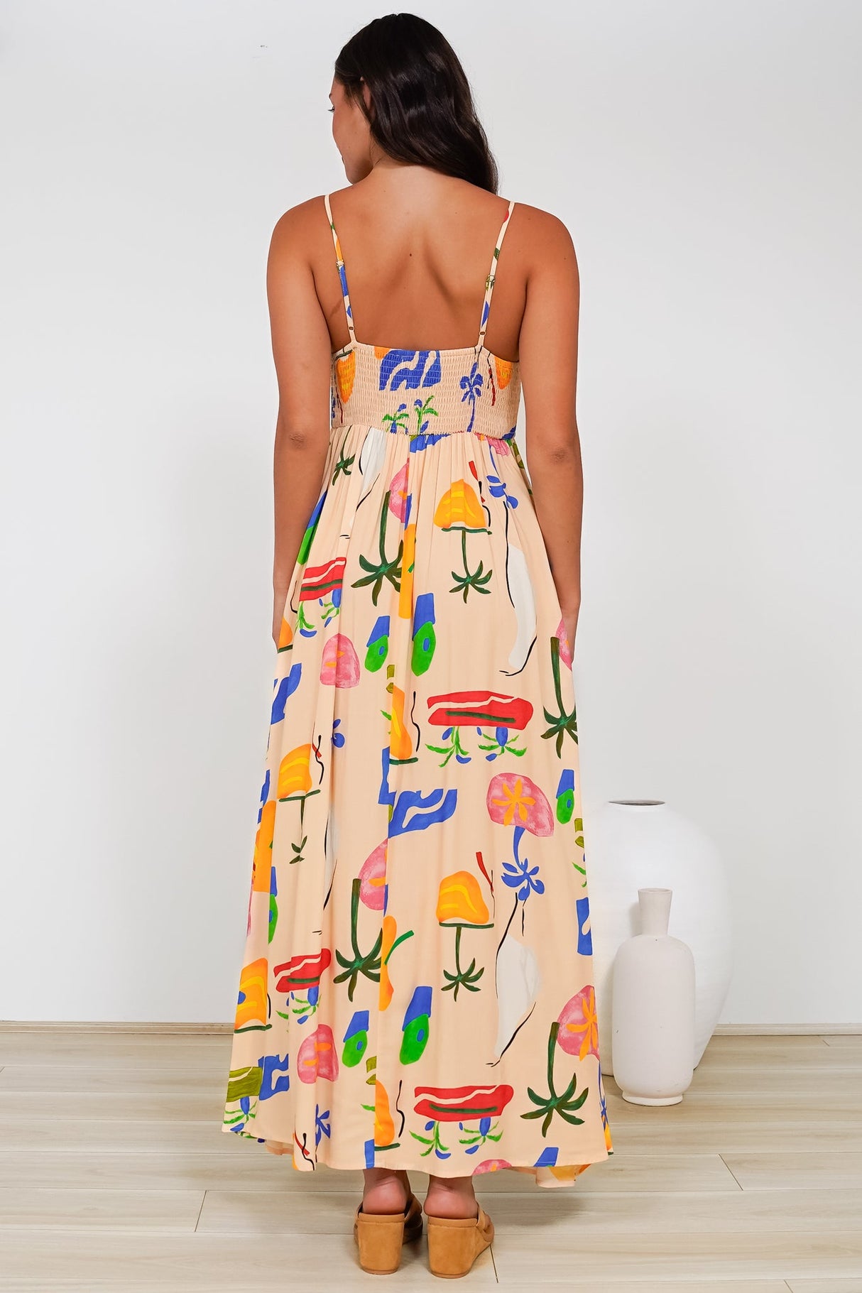Radley Maxi Dress - Empire Line Sun Dress with Adjustable Straps in Cruise Print Beige