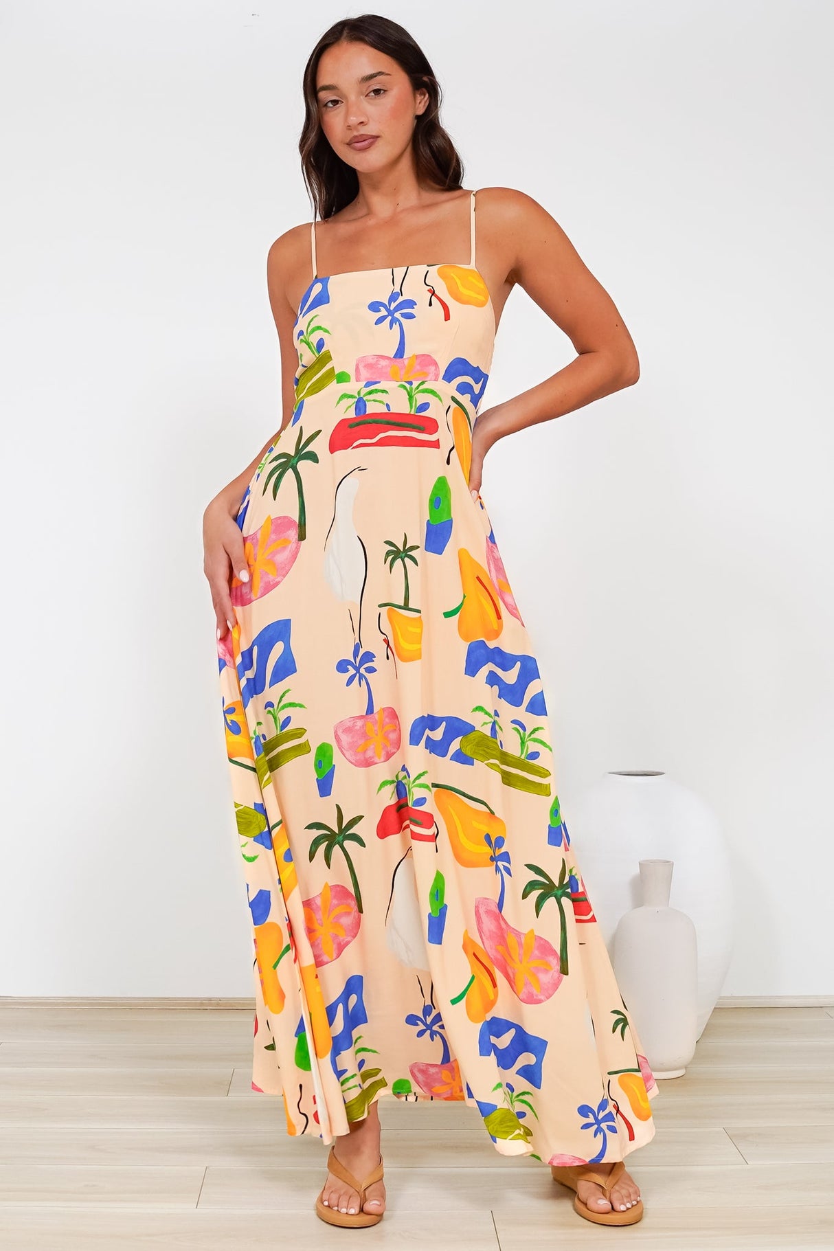 Radley Maxi Dress - Empire Line Sun Dress with Adjustable Straps in Cruise Print Beige