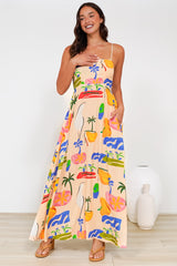 Radley Maxi Dress - Empire Line Sun Dress with Adjustable Straps in Cruise Print Beige