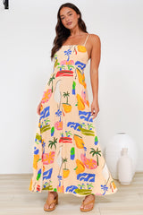 Radley Maxi Dress - Empire Line Sun Dress with Adjustable Straps in Cruise Print Beige