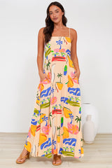 Radley Maxi Dress - Empire Line Sun Dress with Adjustable Straps in Cruise Print Beige