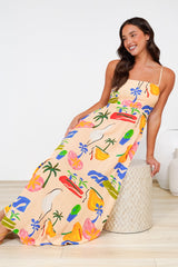 Radley Maxi Dress - Empire Line Sun Dress with Adjustable Straps in Cruise Print Beige