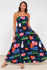 Radley Maxi Dress - Empire Line Sun Dress with Adjustable Straps in Cruise Print Navy