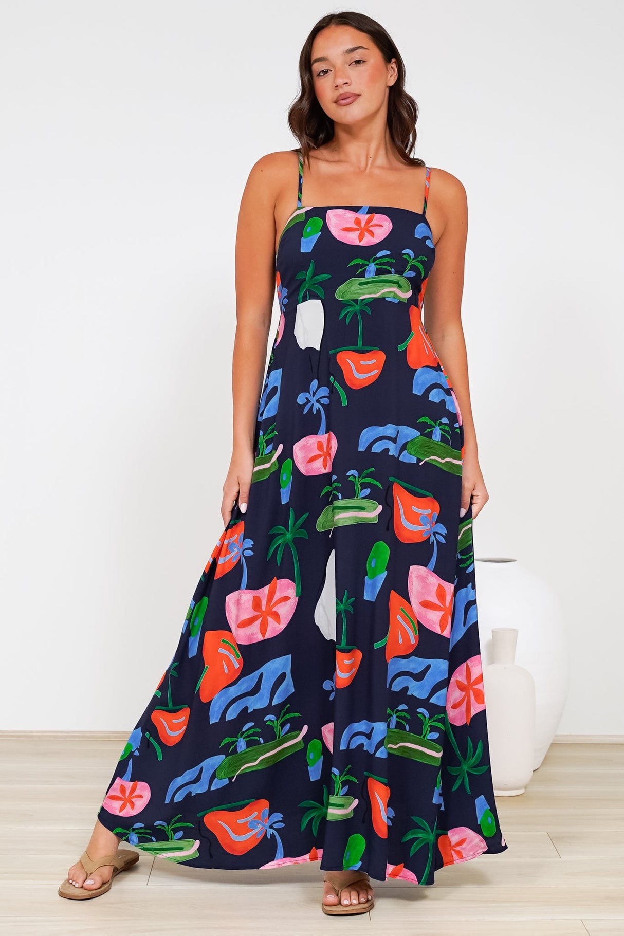 Radley Maxi Dress - Empire Line Sun Dress with Adjustable Straps in Cruise Print Navy