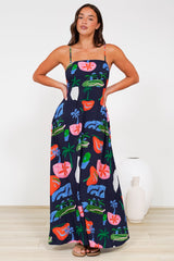 Radley Maxi Dress - Empire Line Sun Dress with Adjustable Straps in Cruise Print Navy