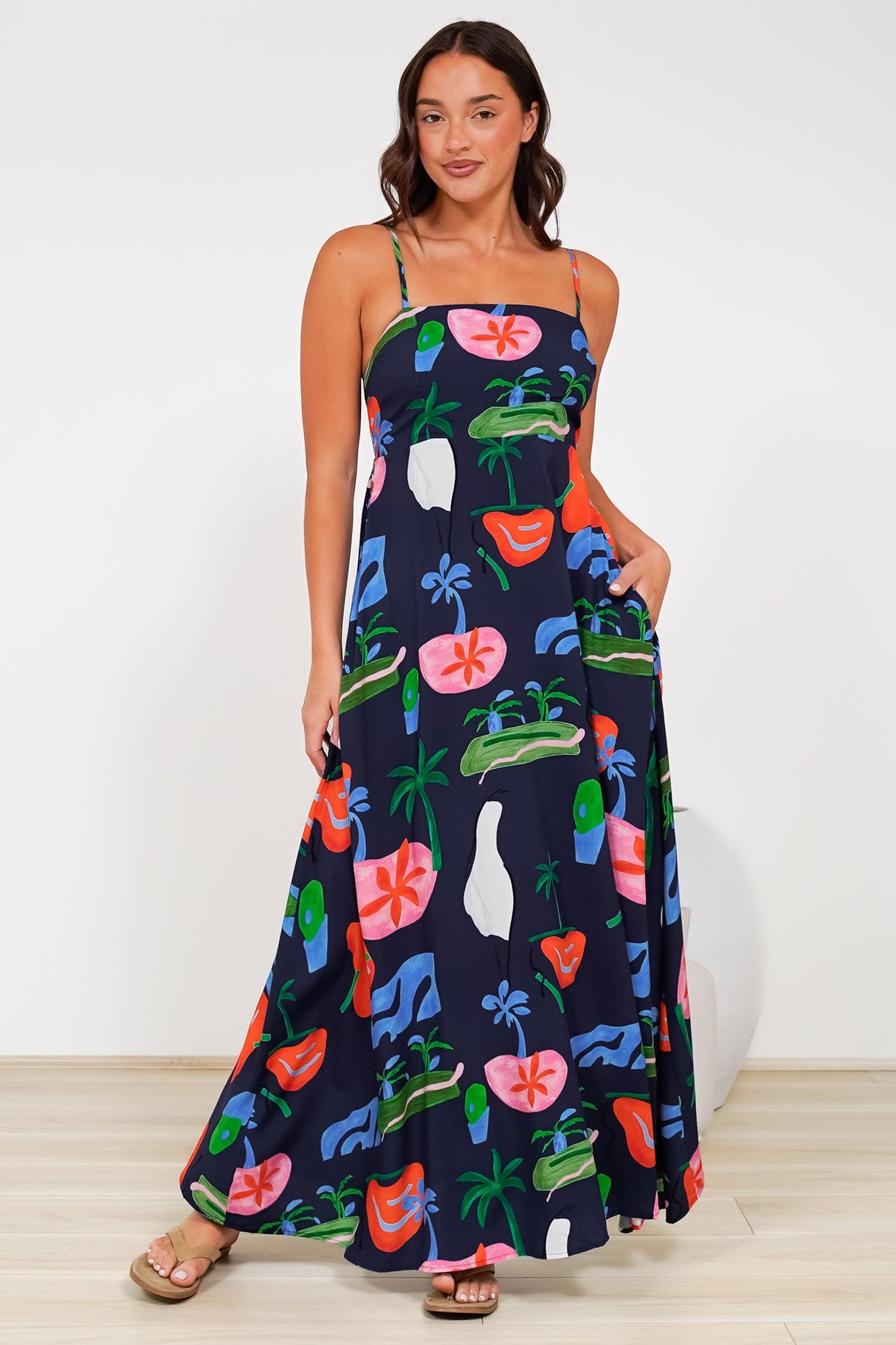 Radley Maxi Dress - Empire Line Sun Dress with Adjustable Straps in Cruise Print Navy