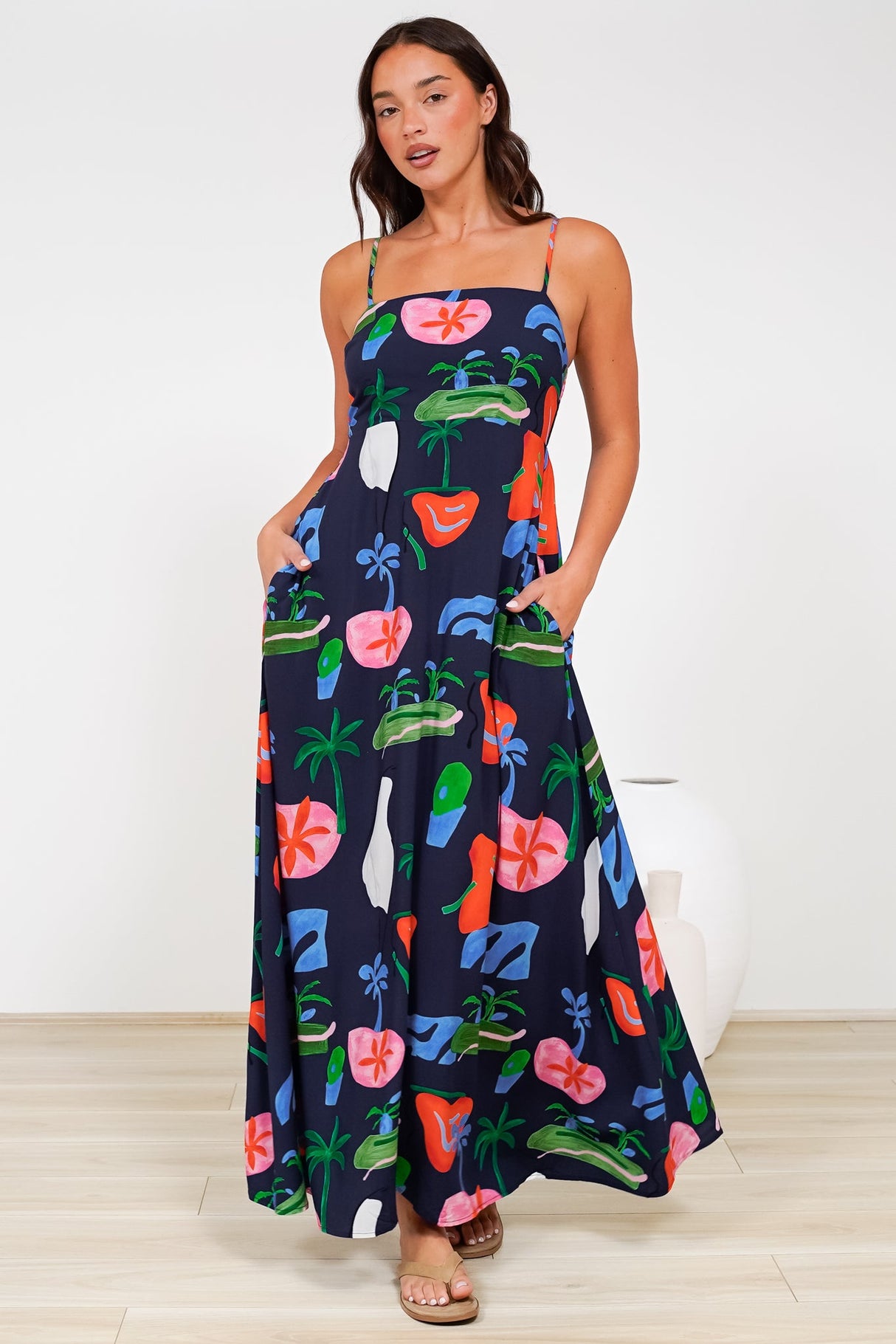 Radley Maxi Dress - Empire Line Sun Dress with Adjustable Straps in Cruise Print Navy
