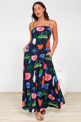 Radley Maxi Dress - Empire Line Sun Dress with Adjustable Straps in Cruise Print Navy