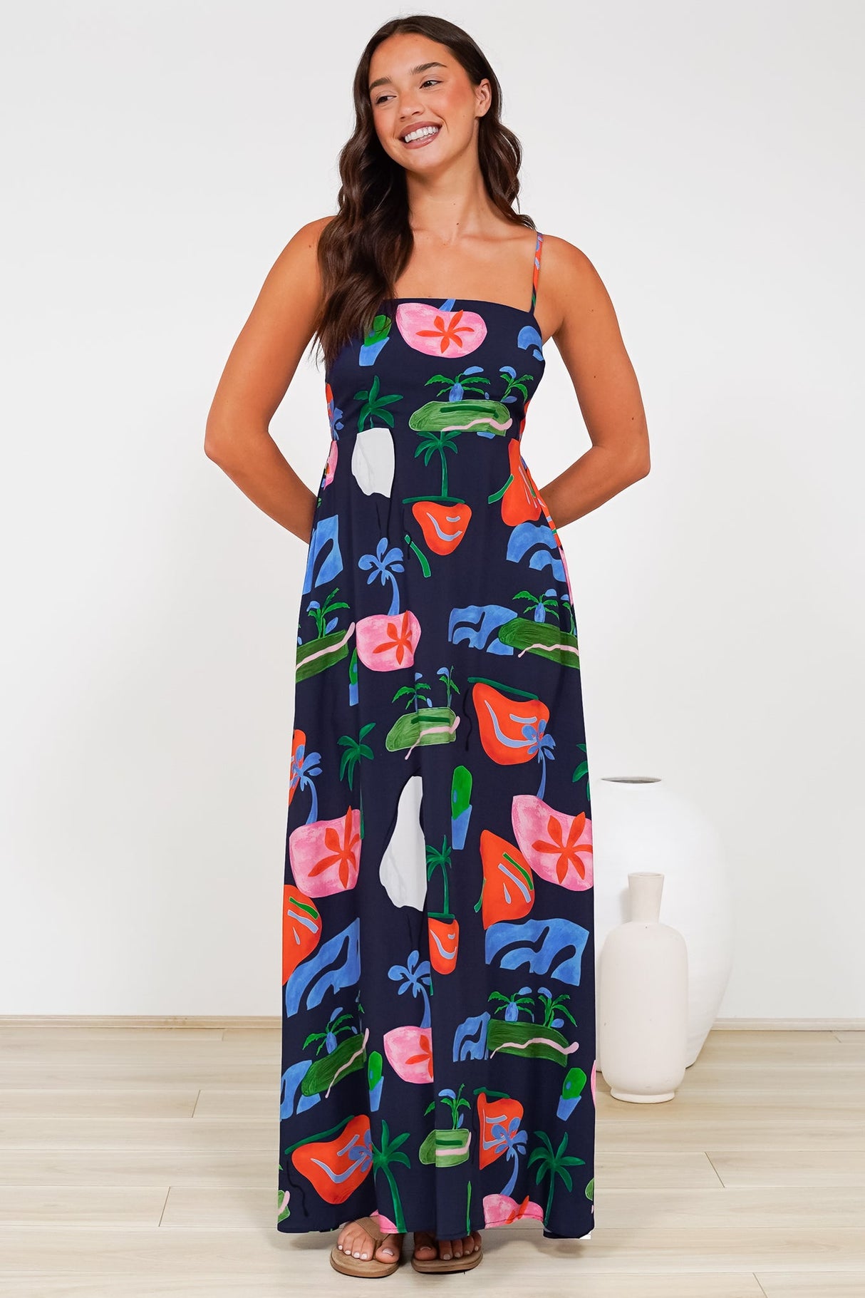 Radley Maxi Dress - Empire Line Sun Dress with Adjustable Straps in Cruise Print Navy
