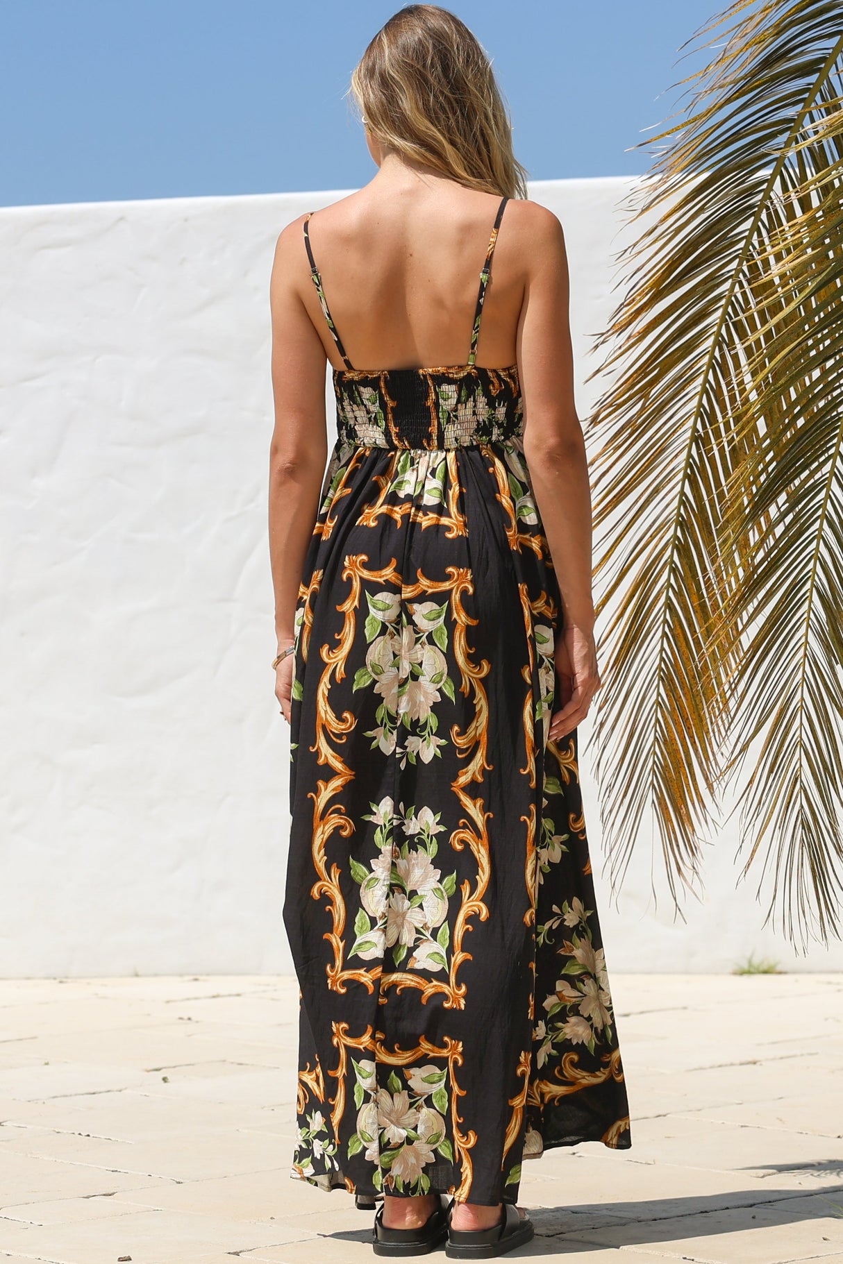 Radley Maxi Dress - Empire Line Sun Dress with Adjustable Straps in Evana Print Black